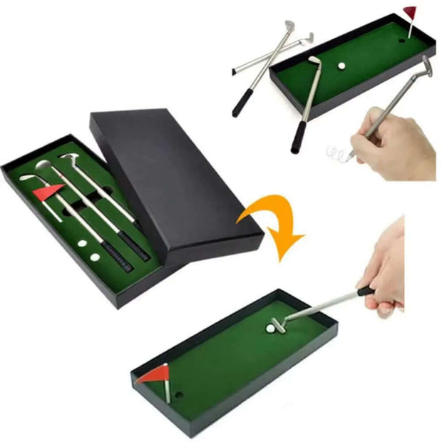 Mini Desktop Golf Pen Set - Complete Gift with Putting Green, 3 Club Pens, Balls, and Flag for Fun Desk Games