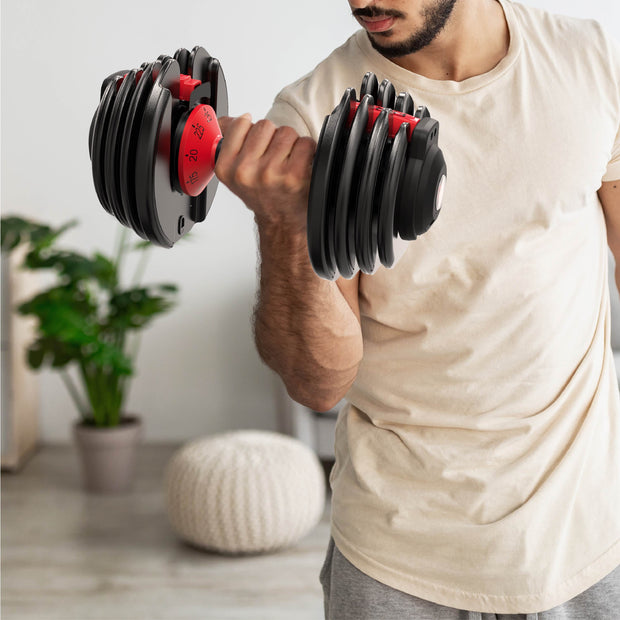 Quick-select adjustable dumbbell with 9 weight configurations
